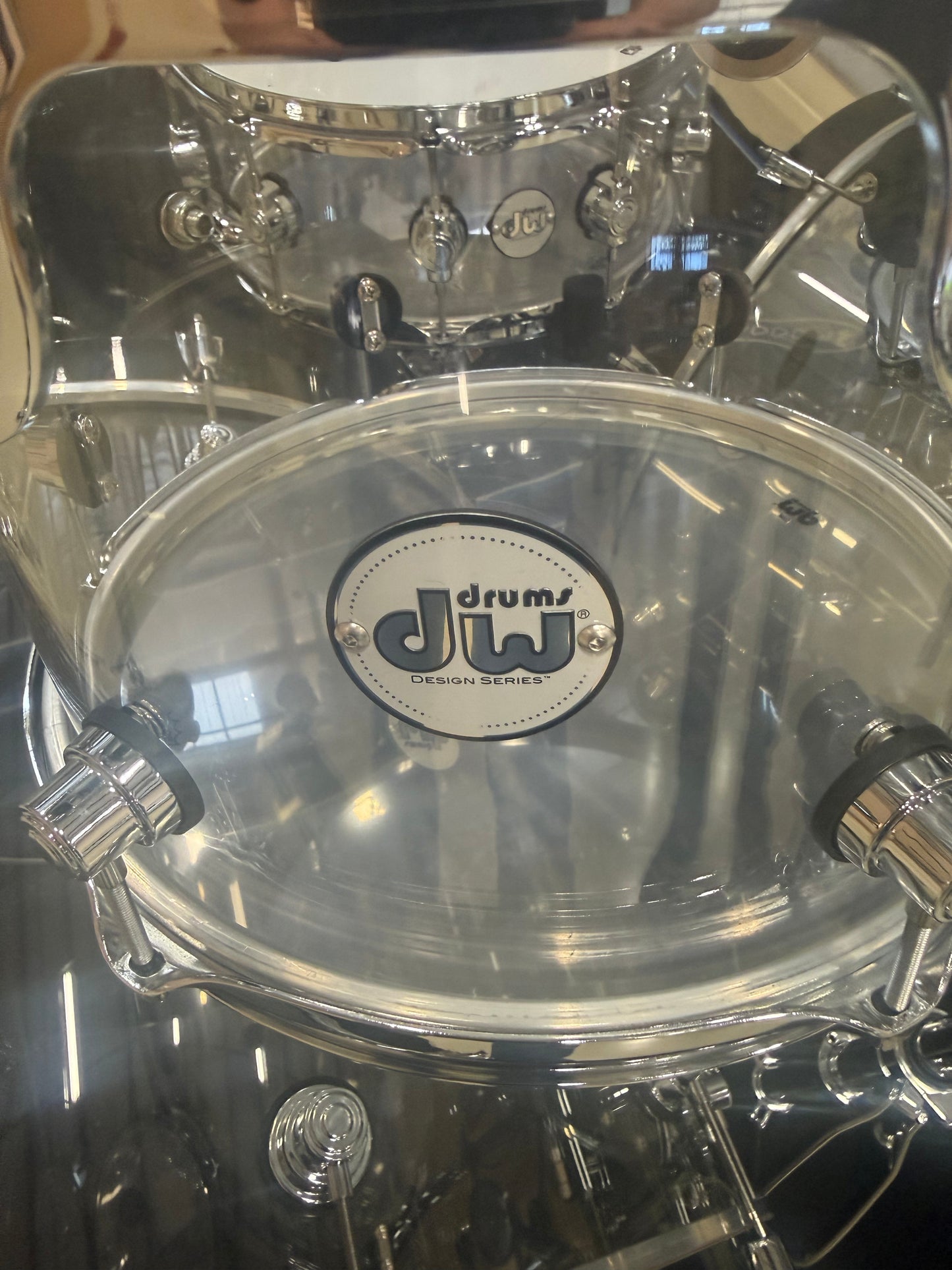 Used DW Drums Design Series Clear Acrylic Drum Set with Hardware,Glenn Evans studio kit, used by the legendary drummer of Nuclear Assault.