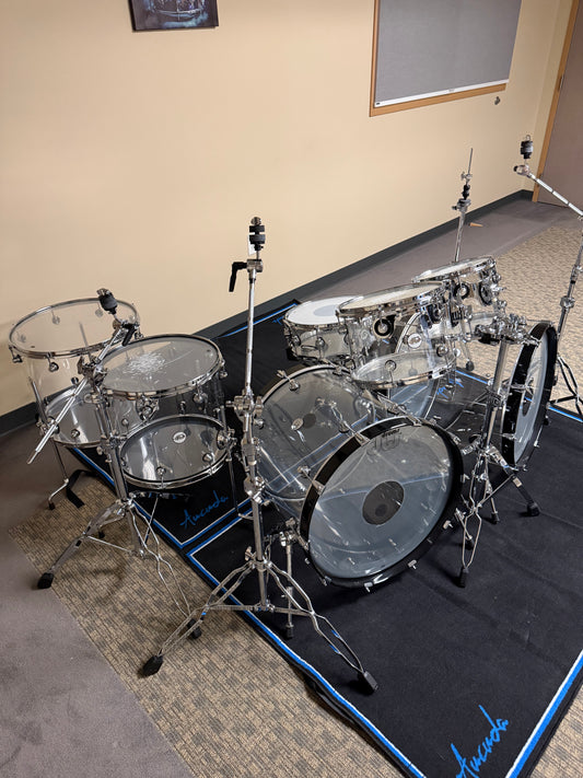 Used DW Drums Design Series Clear Acrylic Drum Set with Hardware,Glenn Evans studio kit, used by the legendary drummer of Nuclear Assault.