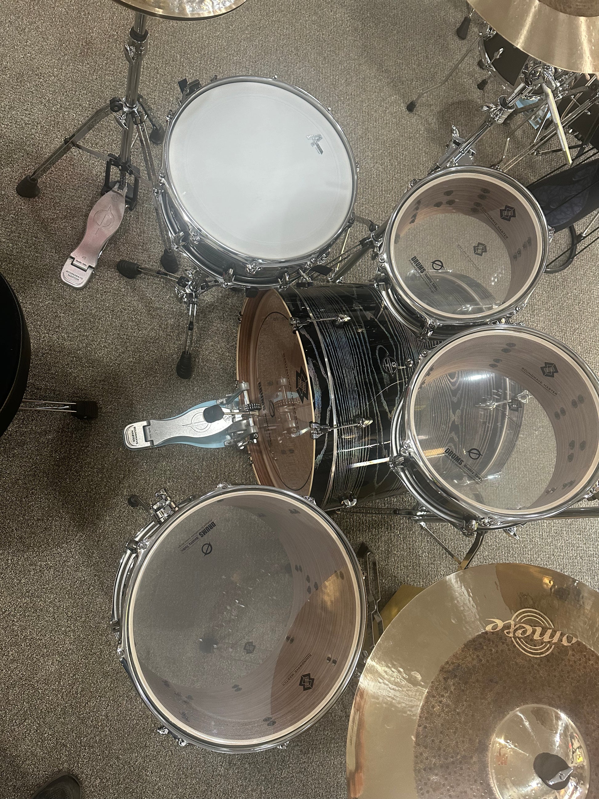 double bass pedal hi-hat placement SOUNDWAVE MASTER GALAXY SERIES EXPLORER RAINBOW SILVER DRUM KIT. – RL Drums